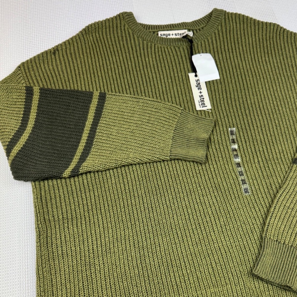 Sage + Steel Mens XXL Olive Green Shaker Knit Striped Sleeve Crewneck Sweater